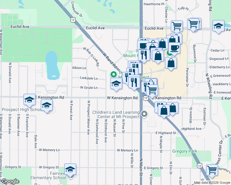 map of restaurants, bars, coffee shops, grocery stores, and more near 300 West Kensington Road in Mount Prospect