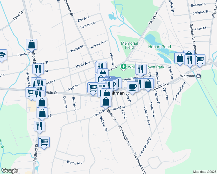 map of restaurants, bars, coffee shops, grocery stores, and more near 26 South Avenue in Whitman