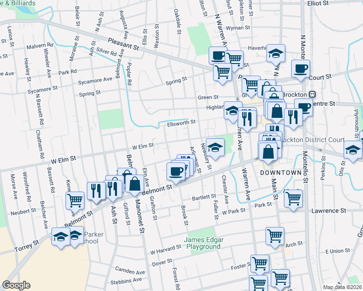 map of restaurants, bars, coffee shops, grocery stores, and more near 15 Arlington Street in Brockton
