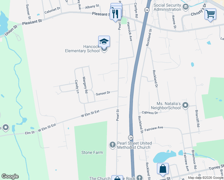 map of restaurants, bars, coffee shops, grocery stores, and more near 18 Sunset Drive in Brockton