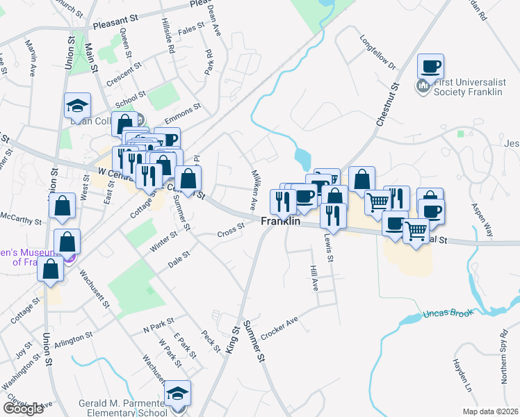 map of restaurants, bars, coffee shops, grocery stores, and more near 143 Massachusetts 140 in Franklin