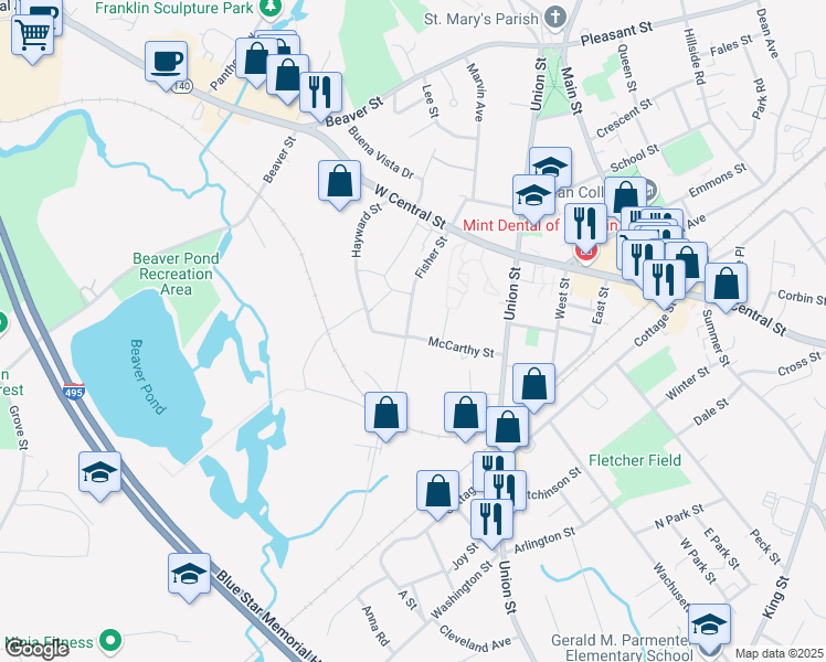 map of restaurants, bars, coffee shops, grocery stores, and more near 107 Fisher Street in Franklin