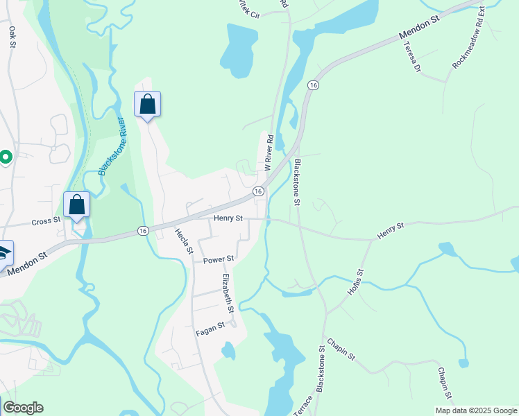 map of restaurants, bars, coffee shops, grocery stores, and more near 68 Henry Street in Uxbridge