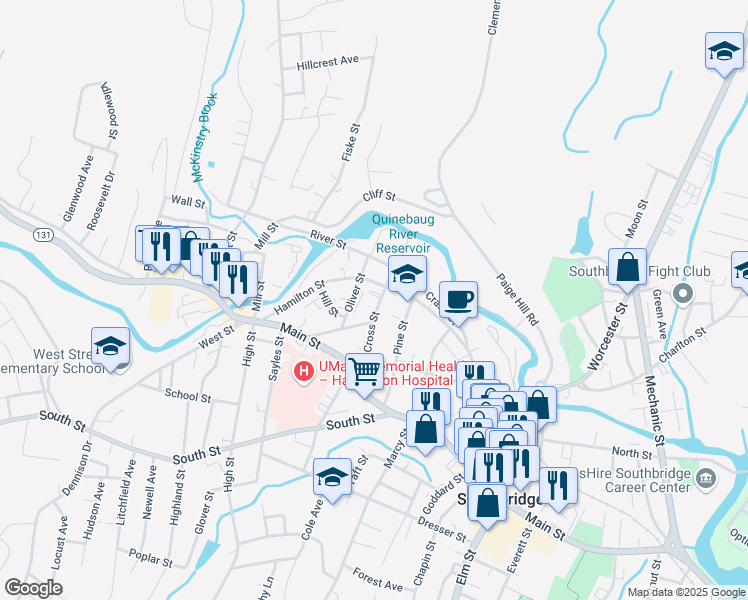 map of restaurants, bars, coffee shops, grocery stores, and more near 60 Cross Street in Southbridge