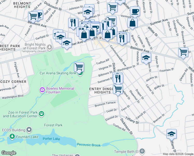 map of restaurants, bars, coffee shops, grocery stores, and more near 92-94 Somerset Street in Springfield