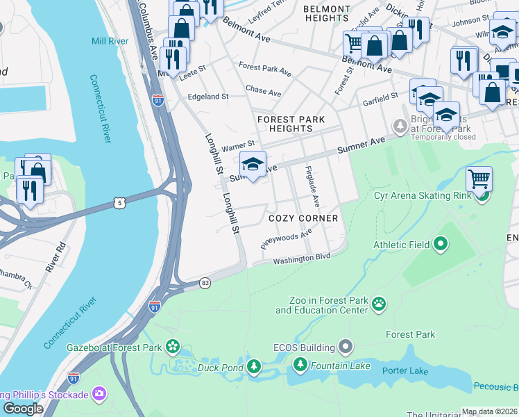 map of restaurants, bars, coffee shops, grocery stores, and more near 35 Spruceland Avenue in Springfield
