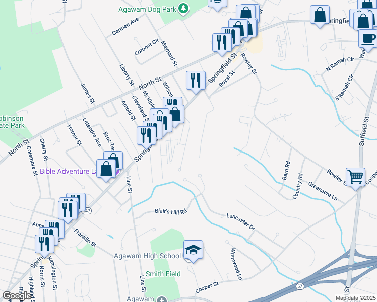 map of restaurants, bars, coffee shops, grocery stores, and more near 100 Sheri Lane in Agawam