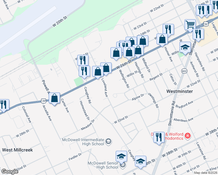 map of restaurants, bars, coffee shops, grocery stores, and more near 2713 Loveland Ave in Erie