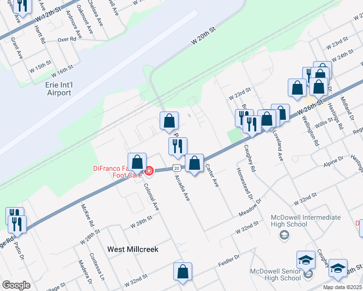 map of restaurants, bars, coffee shops, grocery stores, and more near 2505 Powell Avenue in Erie