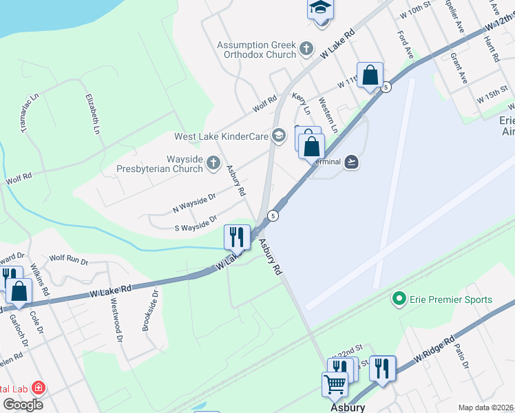 map of restaurants, bars, coffee shops, grocery stores, and more near 4683-4685 West Lake Road in Erie