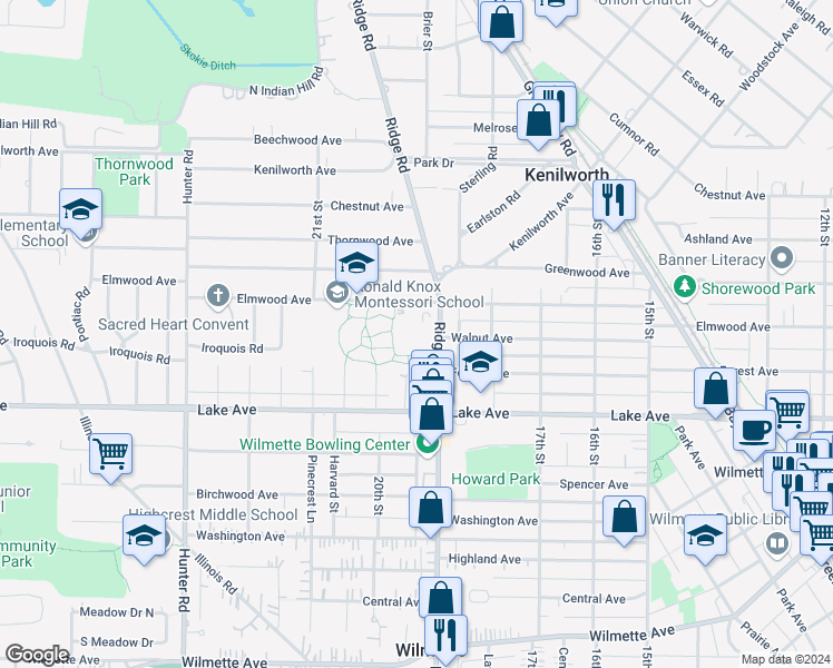 map of restaurants, bars, coffee shops, grocery stores, and more near 1041a Ridge Road in Wilmette
