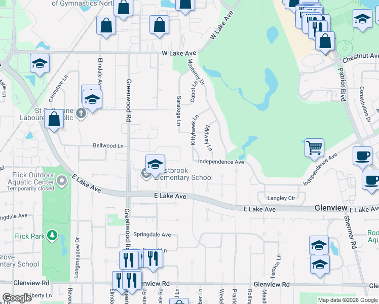 map of restaurants, bars, coffee shops, grocery stores, and more near 1660 Kittyhawk Lane in Glenview