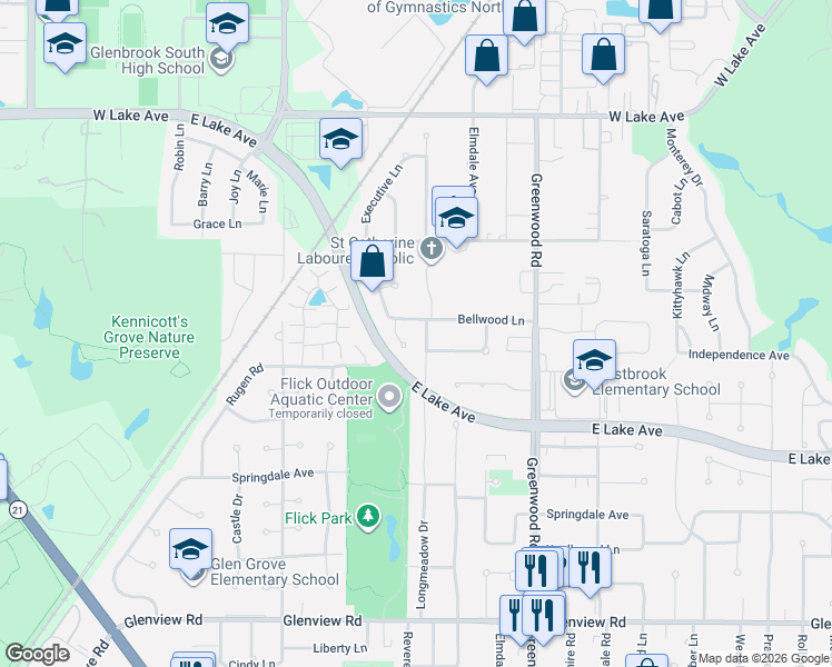 map of restaurants, bars, coffee shops, grocery stores, and more near 1421 Executive Court in Glenview
