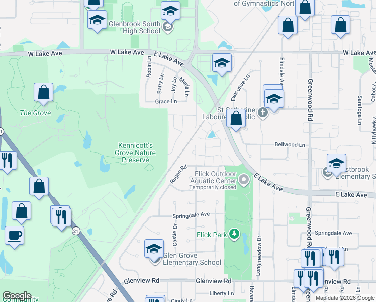 map of restaurants, bars, coffee shops, grocery stores, and more near 1421 Crown Lane in Glenview