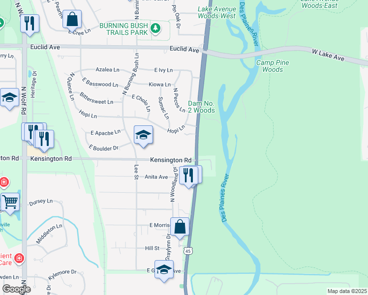 map of restaurants, bars, coffee shops, grocery stores, and more near 804 North River Road in Mount Prospect