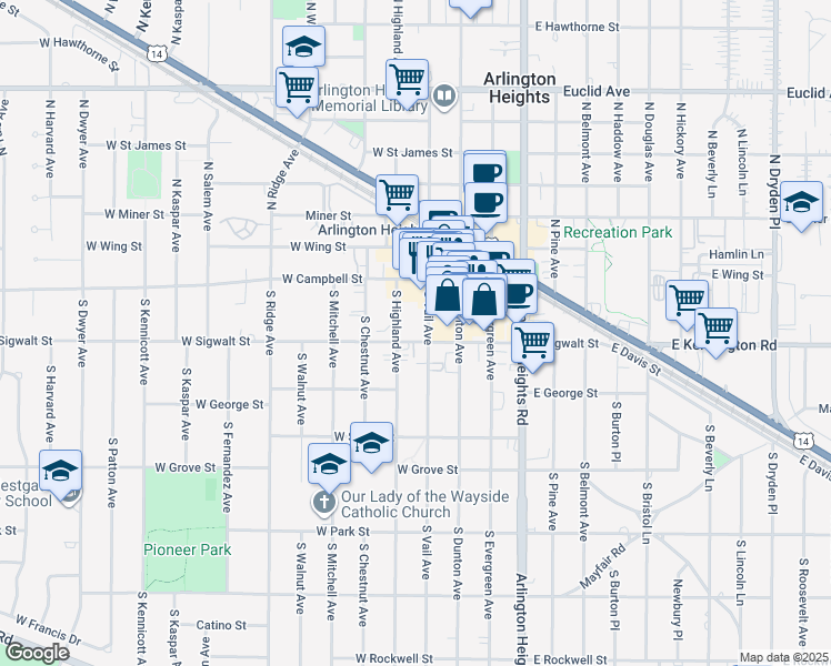 map of restaurants, bars, coffee shops, grocery stores, and more near 105 South Vail Avenue in Arlington Heights
