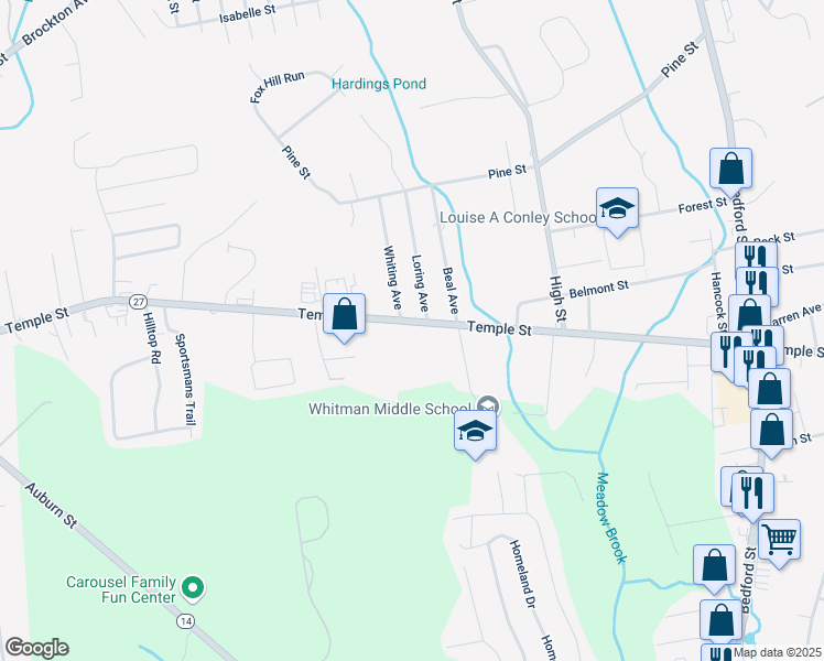 map of restaurants, bars, coffee shops, grocery stores, and more near 630 Temple Street in Whitman