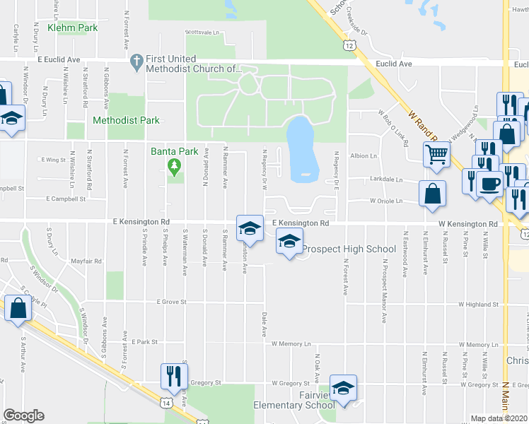 map of restaurants, bars, coffee shops, grocery stores, and more near 2 Regency Court West in Arlington Heights