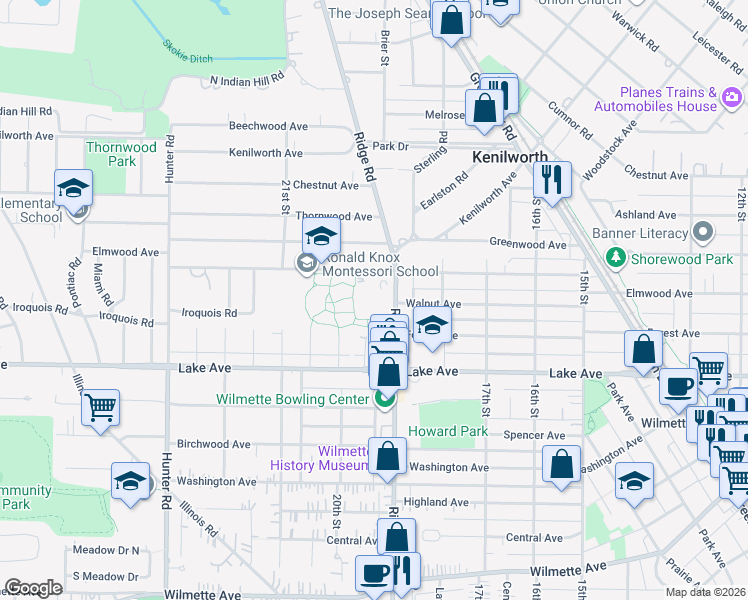 map of restaurants, bars, coffee shops, grocery stores, and more near 1041 Ridge Road in Wilmette