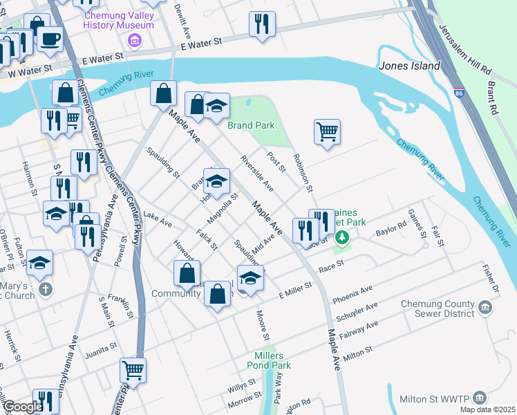 map of restaurants, bars, coffee shops, grocery stores, and more near Maple Avenue & Home Street in Elmira