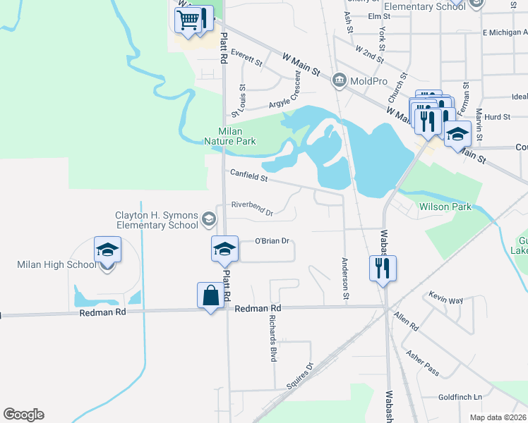 map of restaurants, bars, coffee shops, grocery stores, and more near Riverbend Drive in Milan