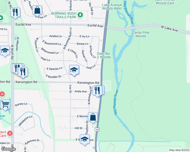 map of restaurants, bars, coffee shops, grocery stores, and more near 802 North River Road in Mount Prospect