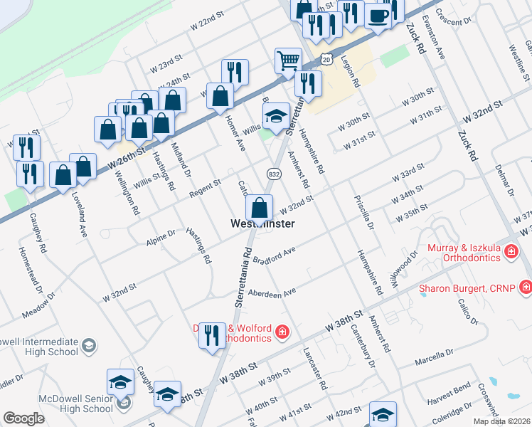 map of restaurants, bars, coffee shops, grocery stores, and more near in Westminster