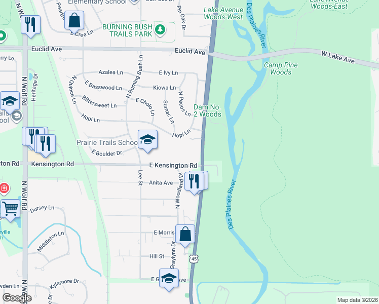 map of restaurants, bars, coffee shops, grocery stores, and more near 804 North River Road in Mount Prospect