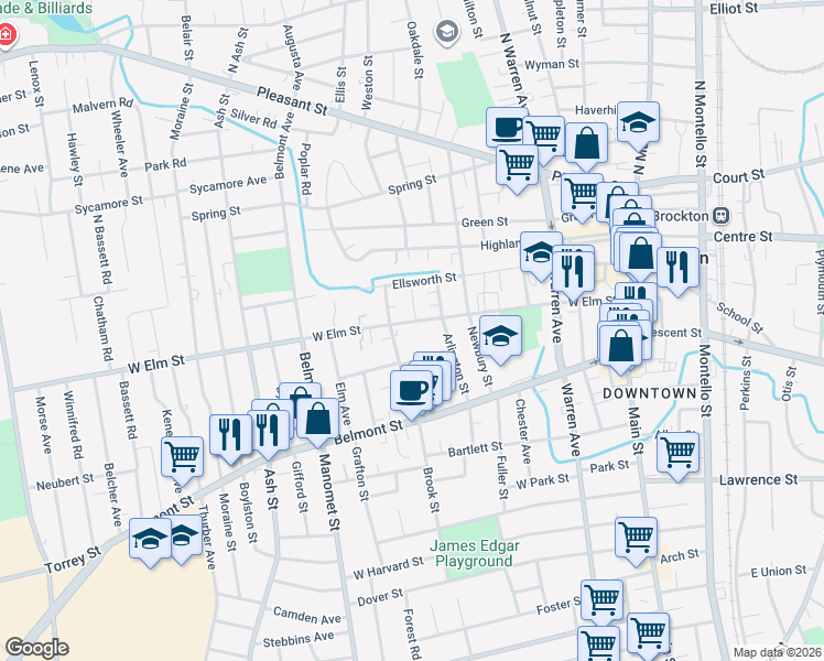 map of restaurants, bars, coffee shops, grocery stores, and more near 15 Arlington Street in Brockton