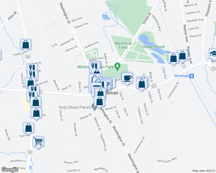 map of restaurants, bars, coffee shops, grocery stores, and more near 54 South Avenue in Whitman