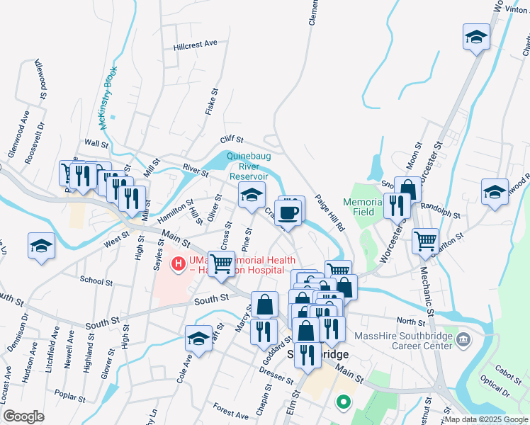 map of restaurants, bars, coffee shops, grocery stores, and more near 300 Hamilton Street in Southbridge