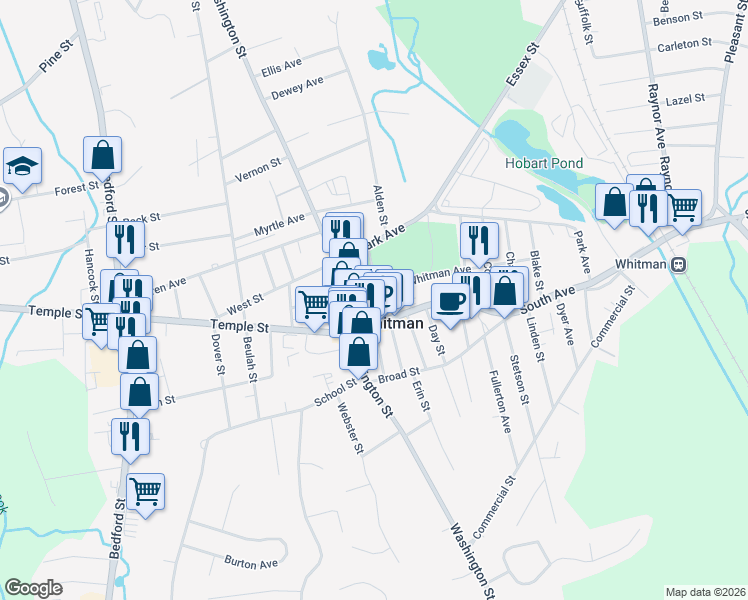 map of restaurants, bars, coffee shops, grocery stores, and more near 26 South Avenue in Whitman