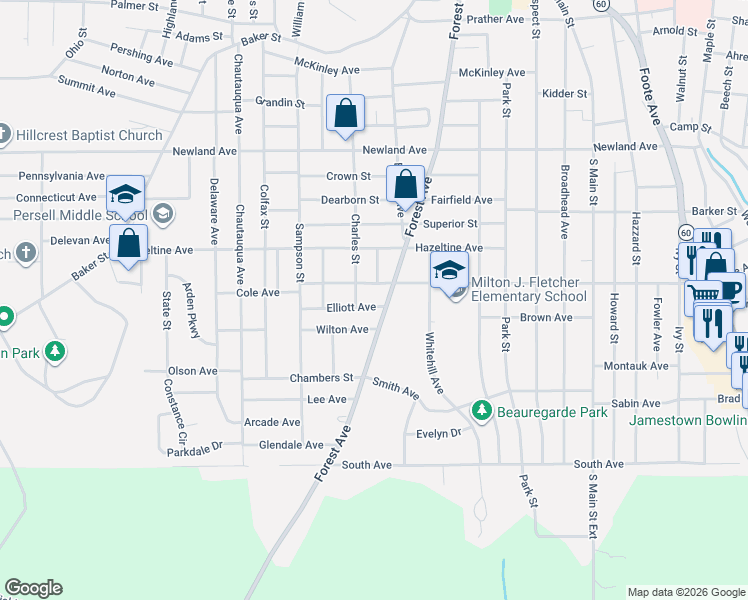 map of restaurants, bars, coffee shops, grocery stores, and more near 609 Forest Avenue in Jamestown