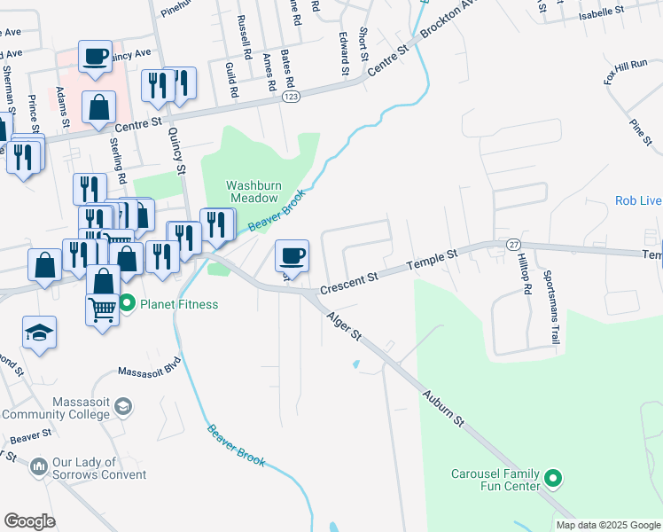 map of restaurants, bars, coffee shops, grocery stores, and more near 13 Crestfield Drive in Brockton