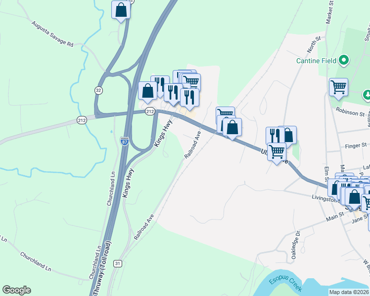 map of restaurants, bars, coffee shops, grocery stores, and more near 28 Railroad Avenue in Saugerties