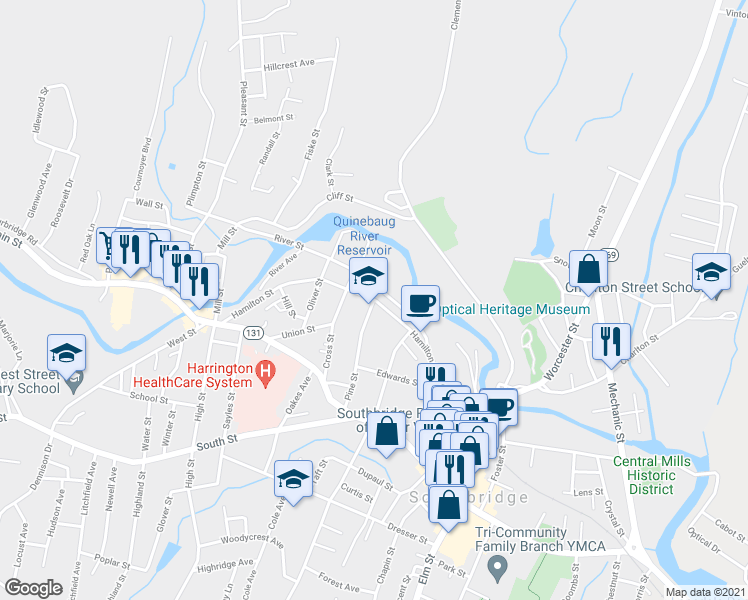 map of restaurants, bars, coffee shops, grocery stores, and more near Hamilton Street & Pine Street in Southbridge