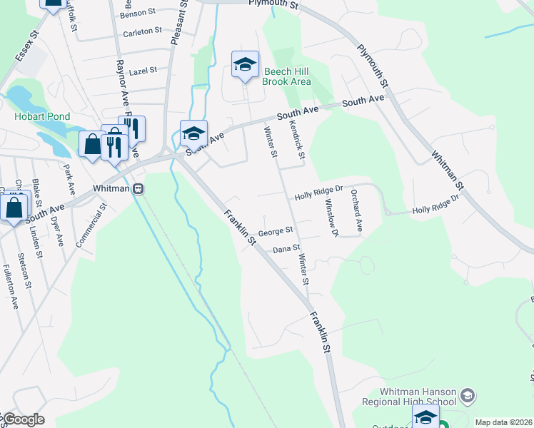 map of restaurants, bars, coffee shops, grocery stores, and more near 36 George Street in Whitman