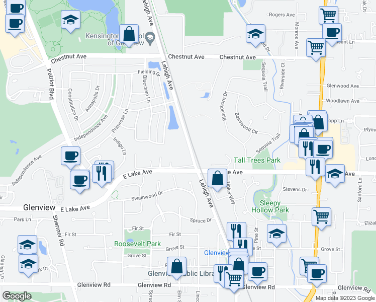 map of restaurants, bars, coffee shops, grocery stores, and more near 1414 Lehigh Avenue in Glenview