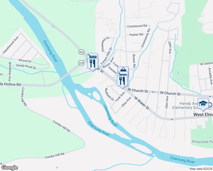 map of restaurants, bars, coffee shops, grocery stores, and more near 93 Redfield Drive in Elmira