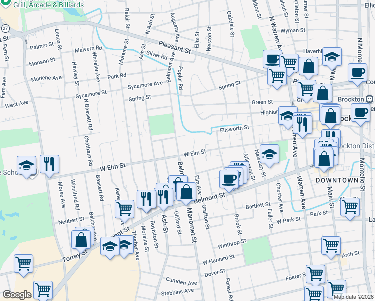 map of restaurants, bars, coffee shops, grocery stores, and more near 306 West Elm Street in Brockton