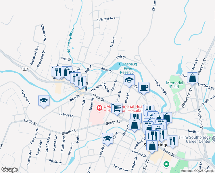 map of restaurants, bars, coffee shops, grocery stores, and more near 8 Hill Street in Southbridge