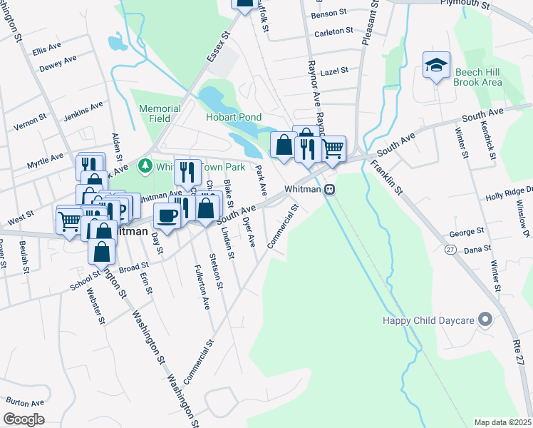 map of restaurants, bars, coffee shops, grocery stores, and more near 27 Crescent Street in Whitman