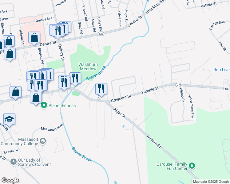 map of restaurants, bars, coffee shops, grocery stores, and more near 13 Crestfield Drive in Brockton