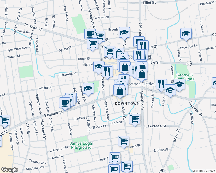 map of restaurants, bars, coffee shops, grocery stores, and more near 33 Clinton Avenue in Brockton
