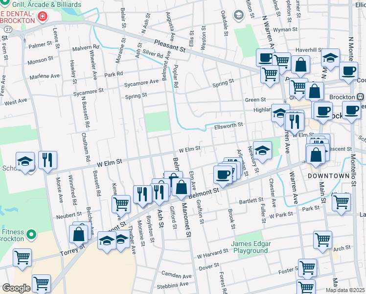 map of restaurants, bars, coffee shops, grocery stores, and more near 306 West Elm Street in Brockton
