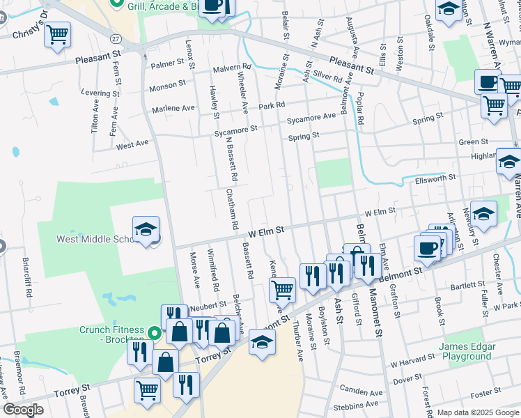 map of restaurants, bars, coffee shops, grocery stores, and more near 14 Auna Drive in Brockton