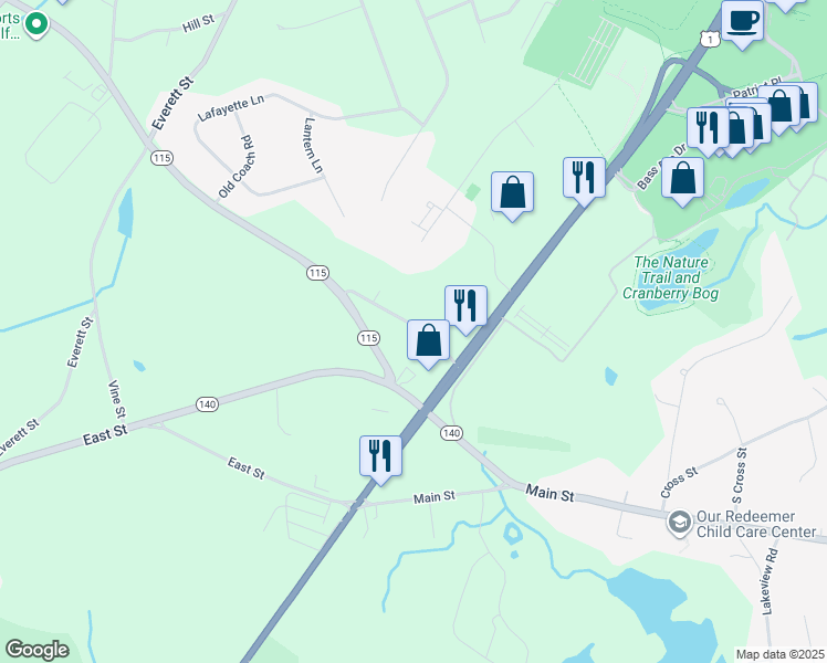 map of restaurants, bars, coffee shops, grocery stores, and more near 28 Pine Street in Foxborough