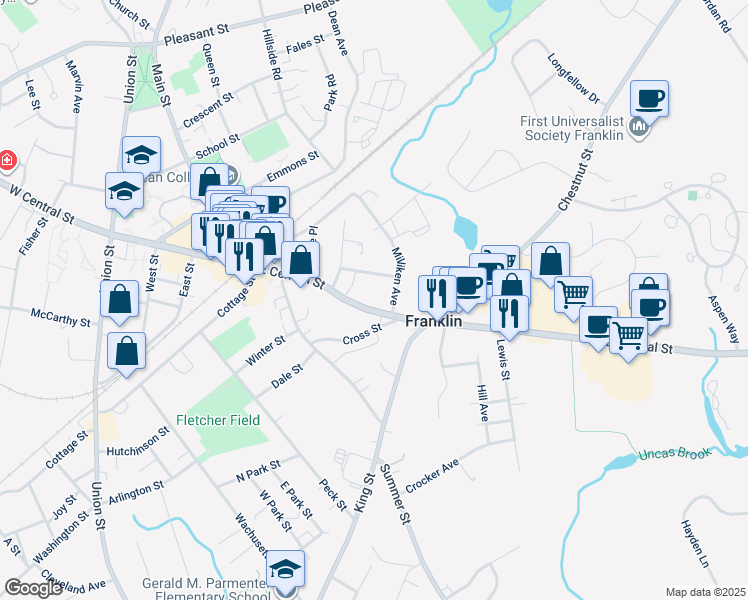 map of restaurants, bars, coffee shops, grocery stores, and more near 143 Massachusetts 140 in Franklin