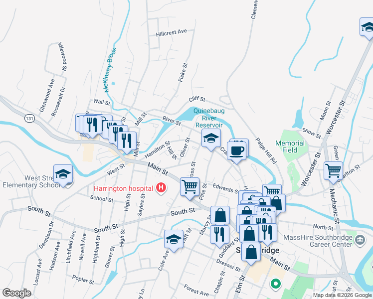 map of restaurants, bars, coffee shops, grocery stores, and more near 70 Oliver Street in Southbridge