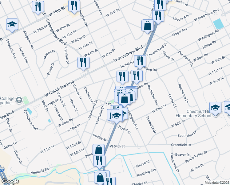 map of restaurants, bars, coffee shops, grocery stores, and more near 1526 West Gore Road in Erie